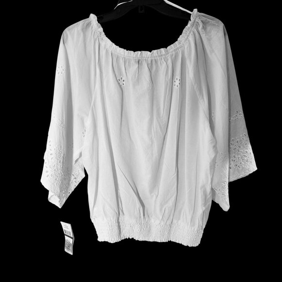 Soft White Cotton Eyelet Micro Ruffle Off-Shoulder Boho Festival Top Sz XL - Picture 6 of 11